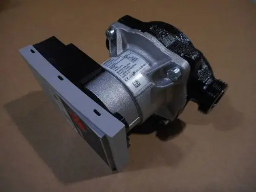 Pumpe von Remeha mit silberner Metalldekoration und schwarzem Gehäuse, seitlicher Anschluss und technische Informationen auf dem Typenschild.